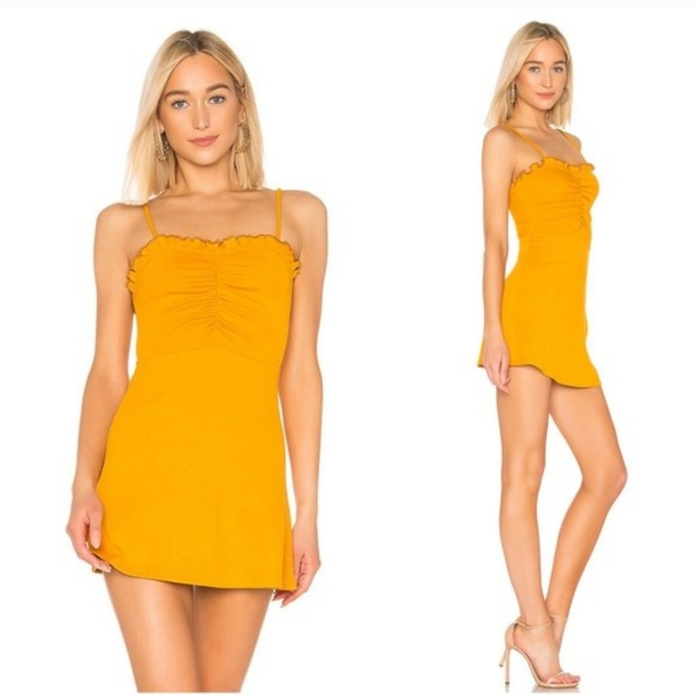 Lovers + Friends Revolve Schiffer Honey Yellow Ruffle Trim Rib Knit Mini Dress